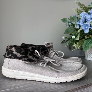 Hey Dude Gray Lace-Up Moccasin with Leopard Cuff